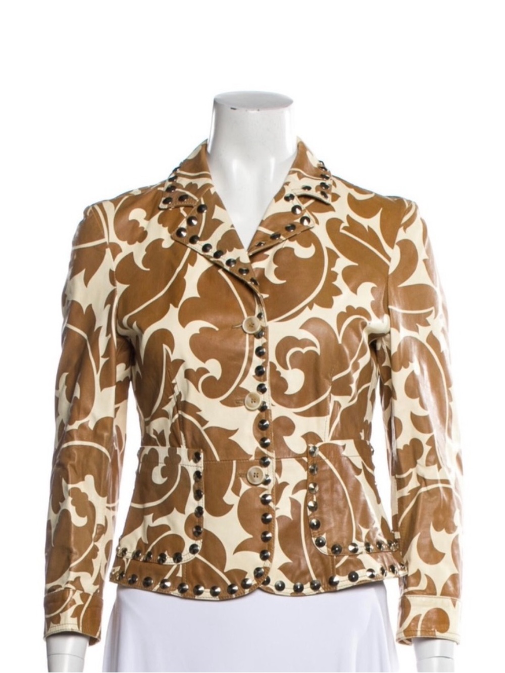 Etro Brown and Cream Floral-Pattern Studded Leather Blazer